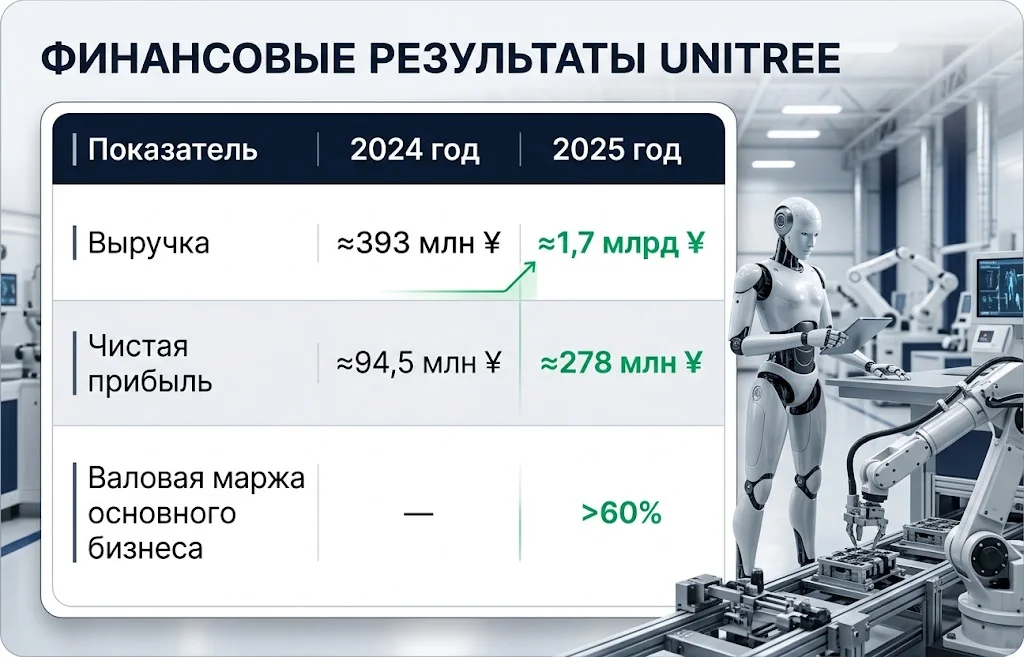 IPO Unitree Robotics: акции взлетели на 629% 1 Таблица выручки, чистой прибыли и валовой маржи производителя роботов за 2024 и 2025 годы