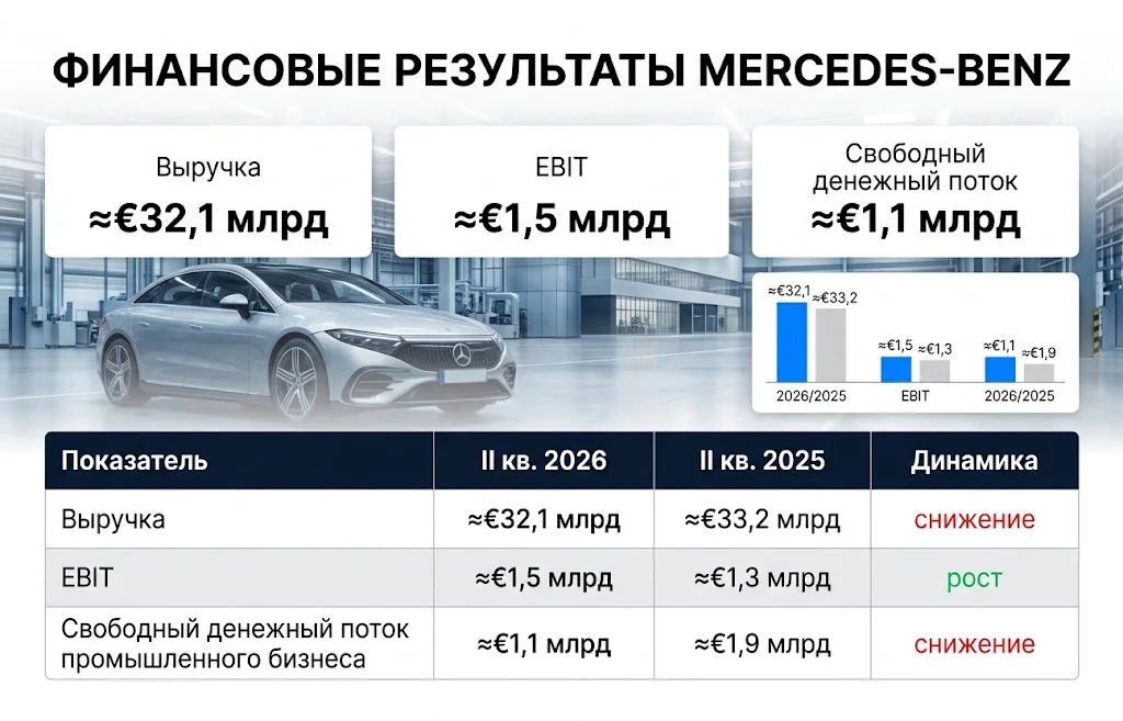Выручка, EBIT и свободный денежный поток Mercedes-Benz во II квартале 2025 и 2026 годов