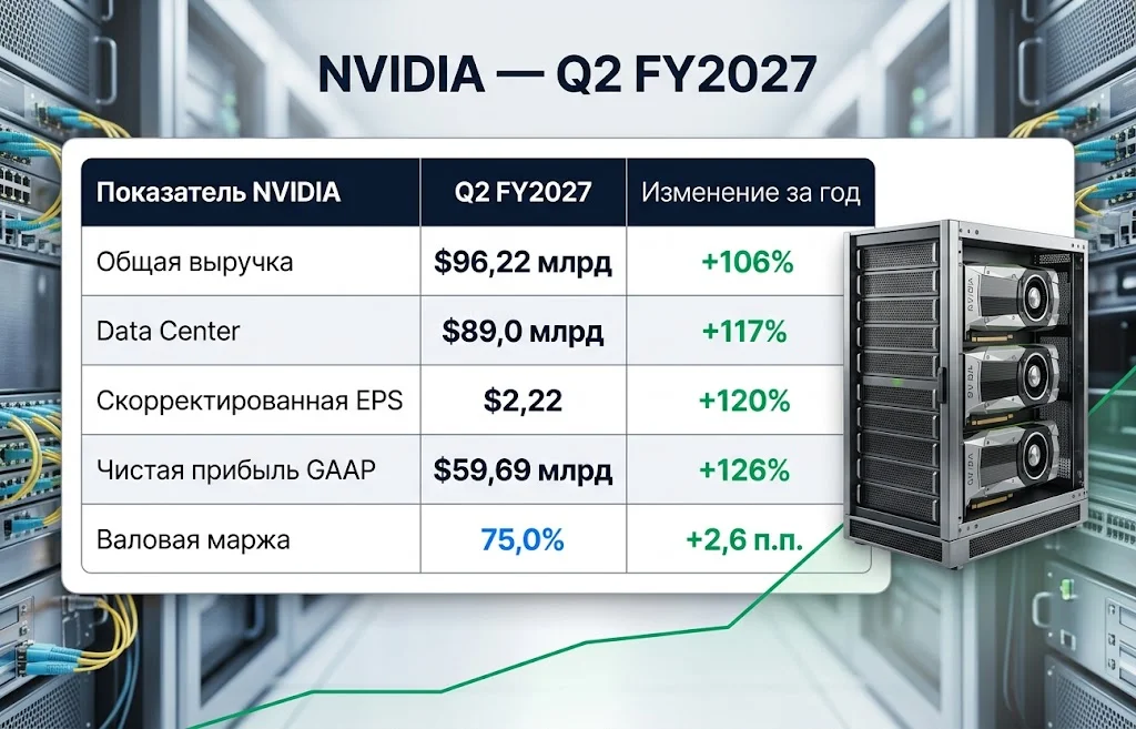 Таблица финансовых результатов NVIDIA с выручкой $96,22 млрд и ростом Data Center на 117%