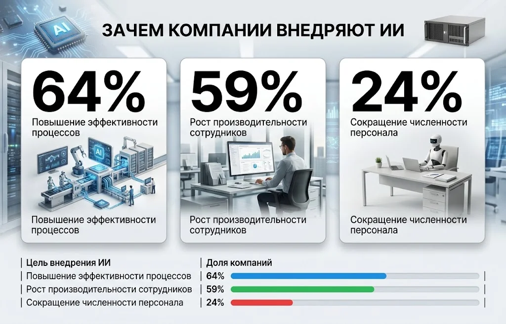 ИИ и рынок труда: компании начали сокращать занятость 2 Инфографика показывает цели внедрения ИИ: эффективность, производительность и сокращение персонала