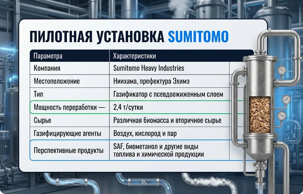 SAF в Японии: Sumitomo запускает новый топливный проект 1 Таблица характеристик пилотной установки Sumitomo мощностью 2,4 т сырья в сутки