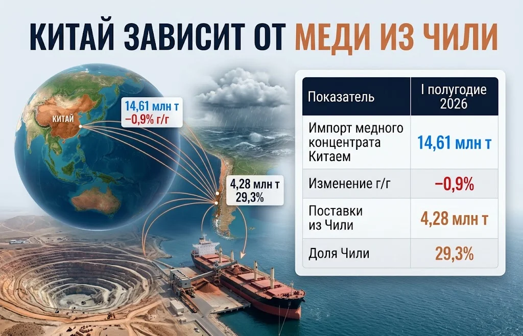 Потоки медного концентрата из Чили в Китай и данные об импорте 14,61 млн тонн