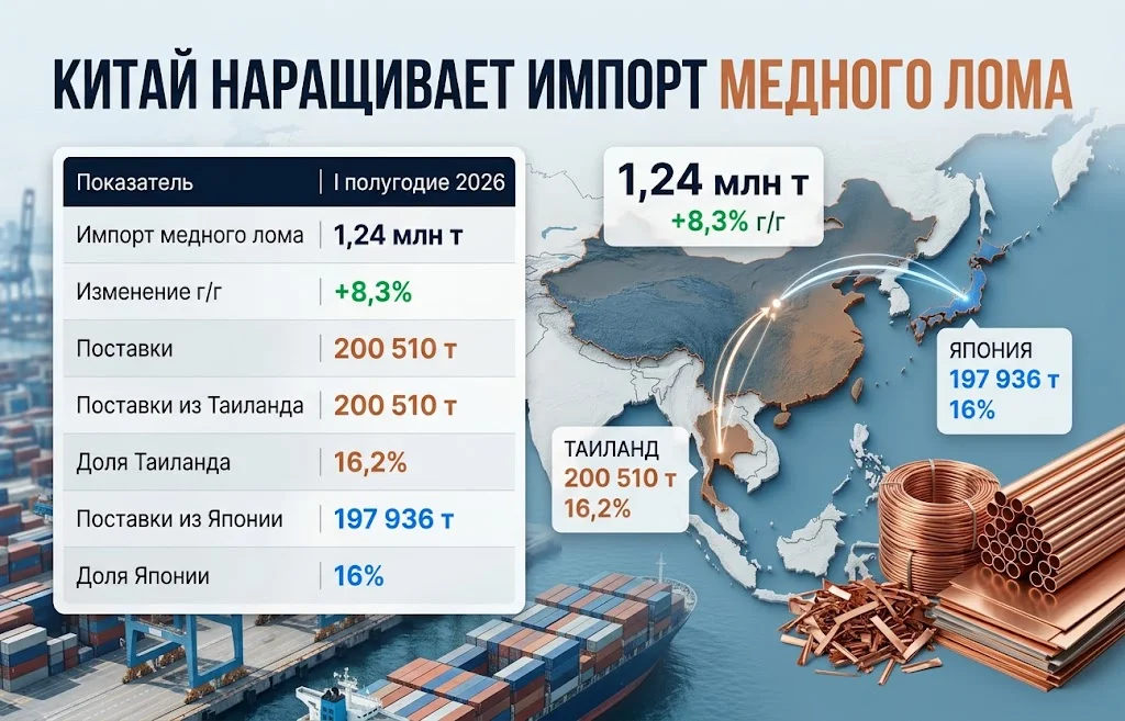 Импорт медного лома в Китай вырос до 1,24 млн тонн при росте поставок из Азии