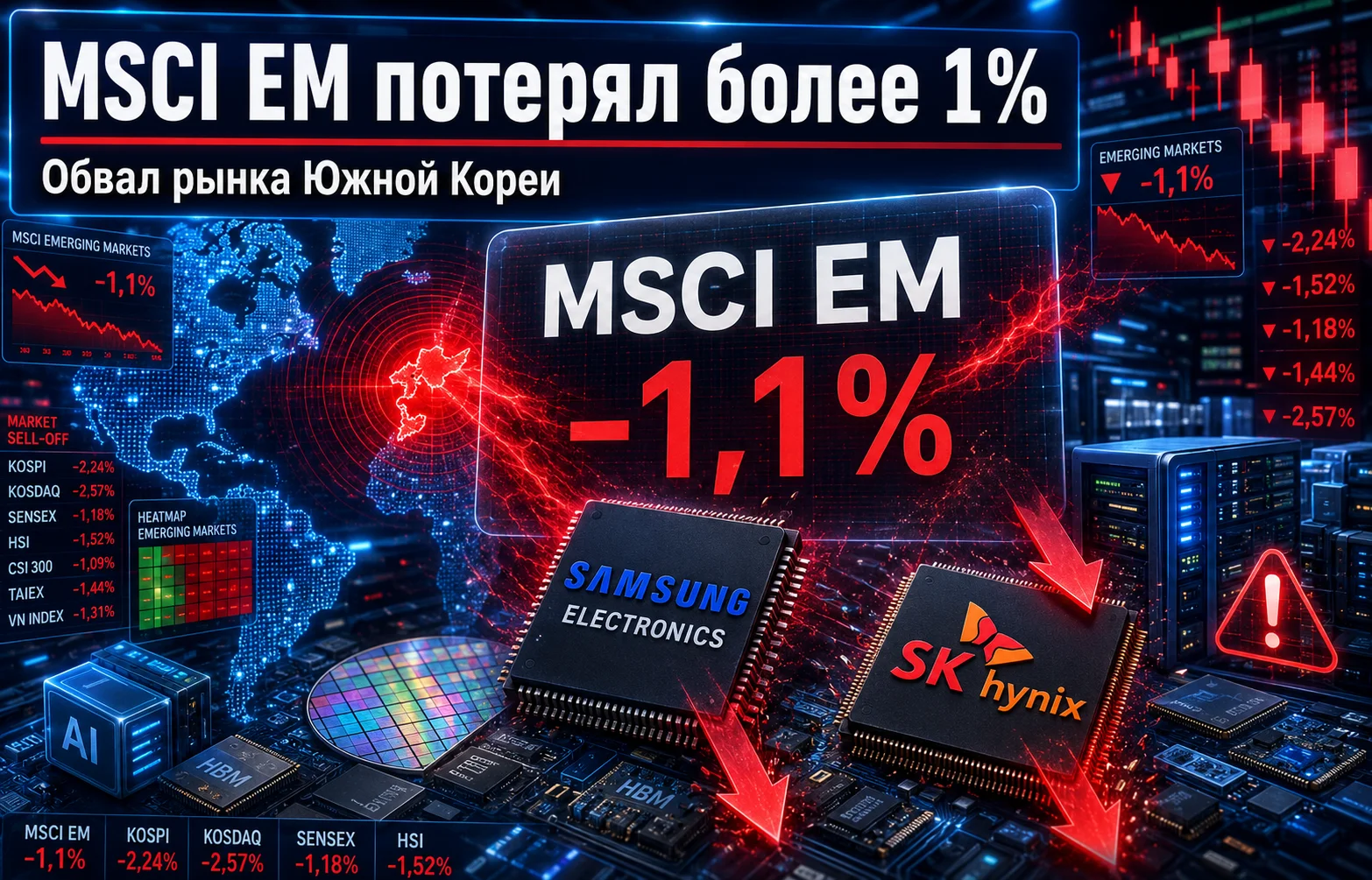 Индекс MSCI EM потерял более 1% из-за обвала в Корее