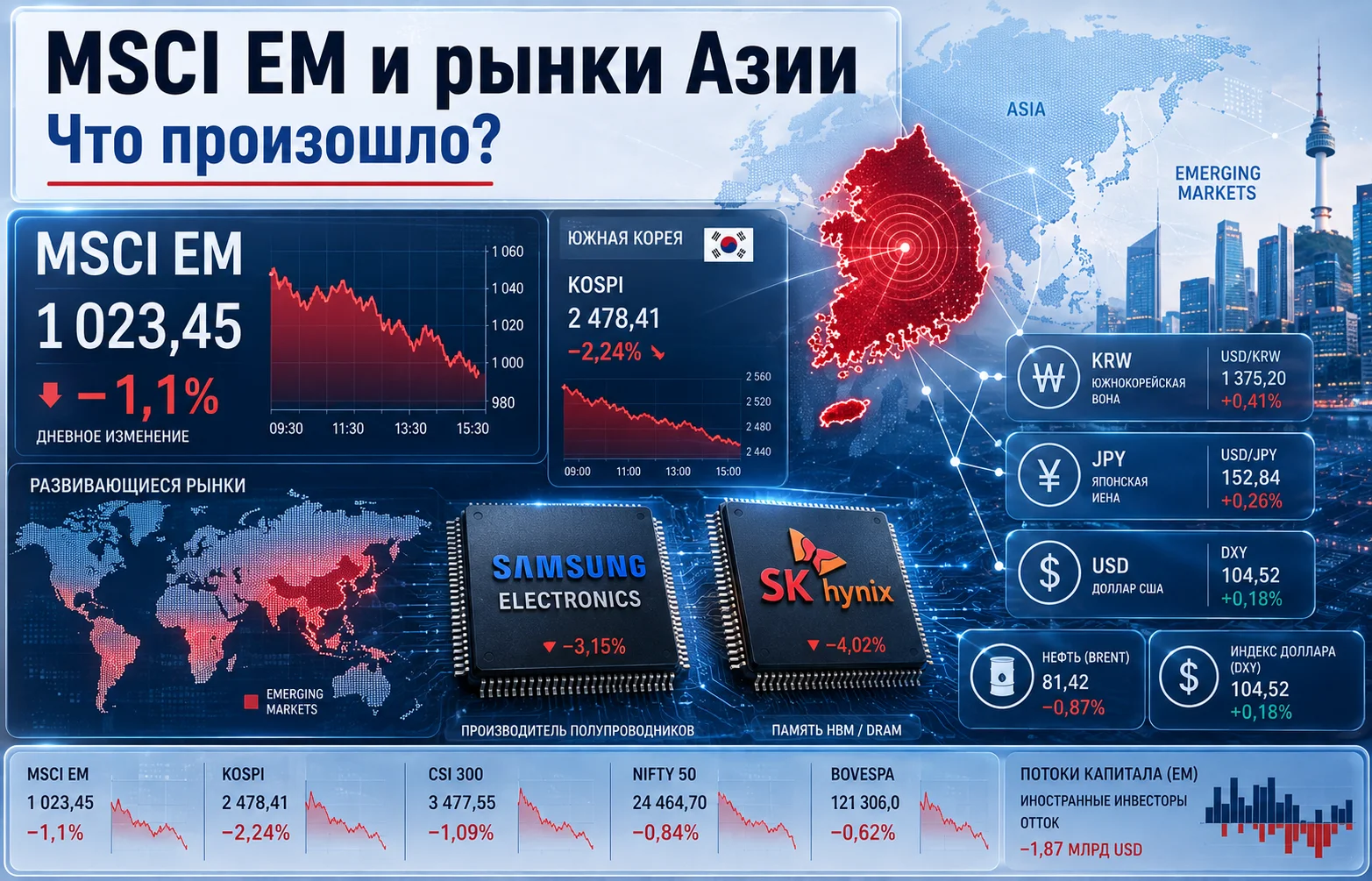 Индекс MSCI EM потерял более 1% из-за обвала в Корее