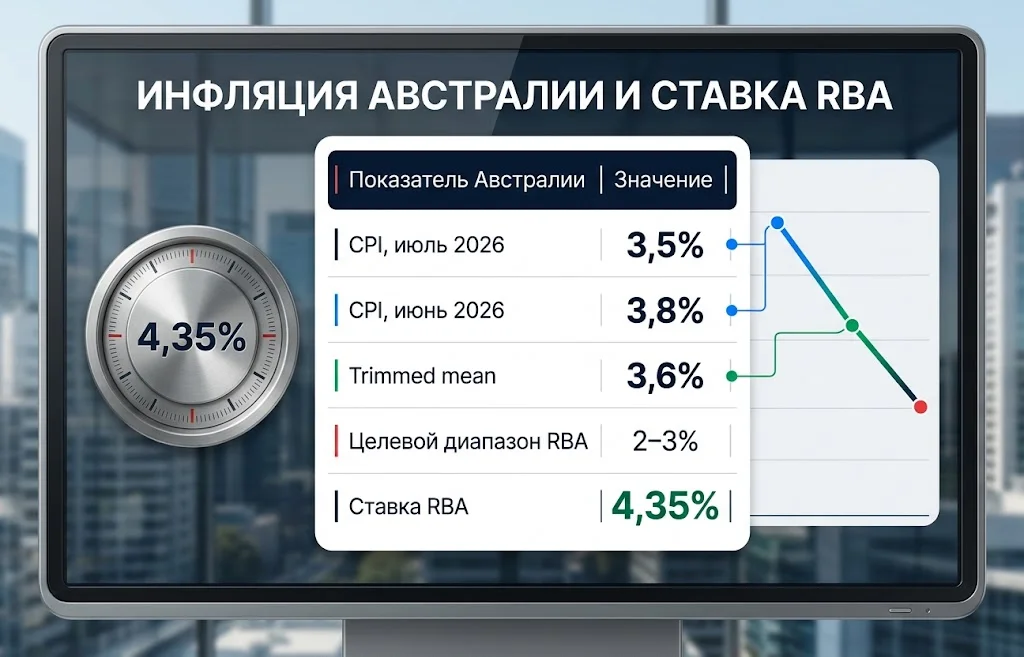Показатели CPI Австралии и ставка RBA 4,35% в финансовой инфографике