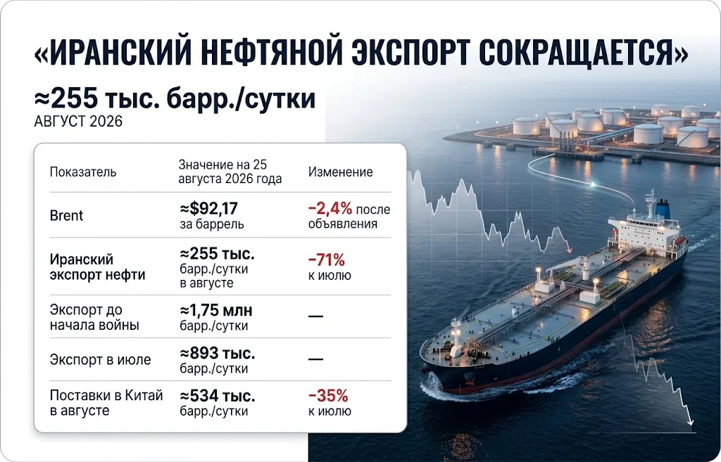 Нефтяной танкер и таблица с экспортом Ирана, поставками в Китай и ценой Brent