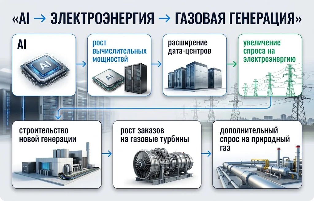 Схема связи между AI, дата-центрами, электропотреблением и спросом на газ