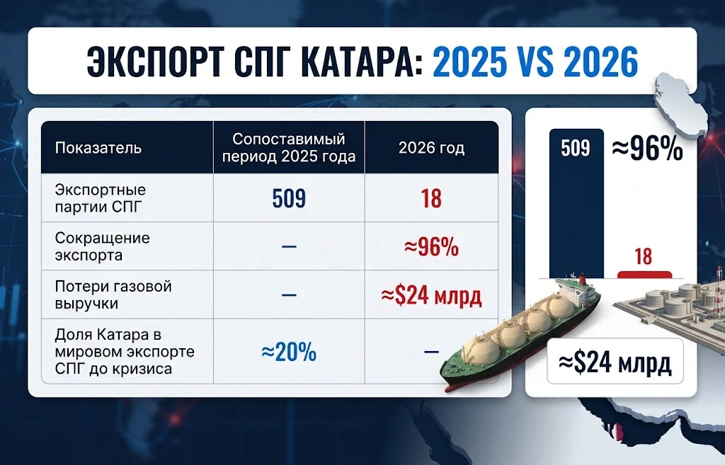 Поставки СПГ из Катара парализованы: газ снова под угрозой 1 Инфографика сравнивает 509 партий СПГ в 2025 году с 18 партиями в 2026 году