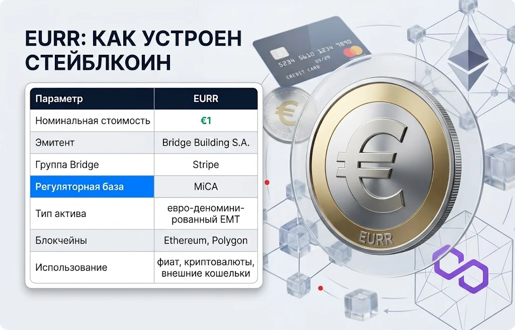 Стейблкоин EURR: Revolut меняет рынок Европы 2 Структура EURR с эмитентом Bridge, регулированием MiCA и сетями Ethereum и Polygon