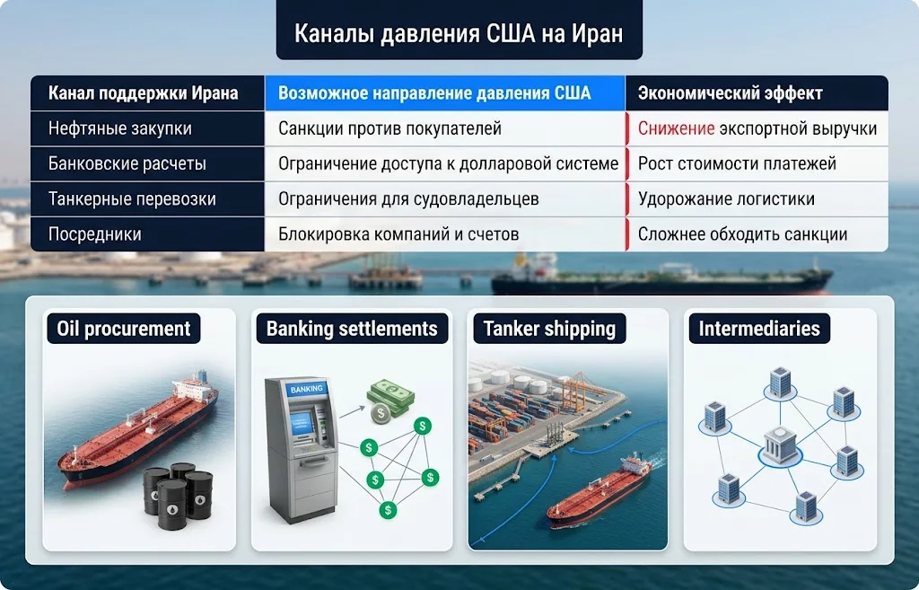Инфографика с нефтяными, банковскими, логистическими и посредническими каналами давления на Иран