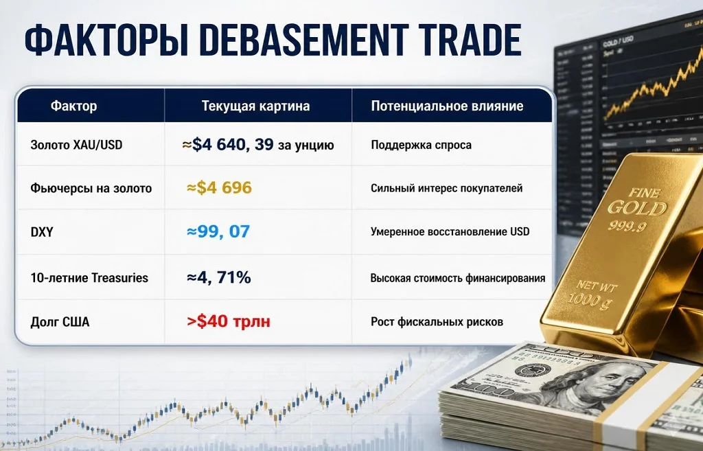 Таблица с ценой золота, DXY, доходностью Treasuries и долгом США