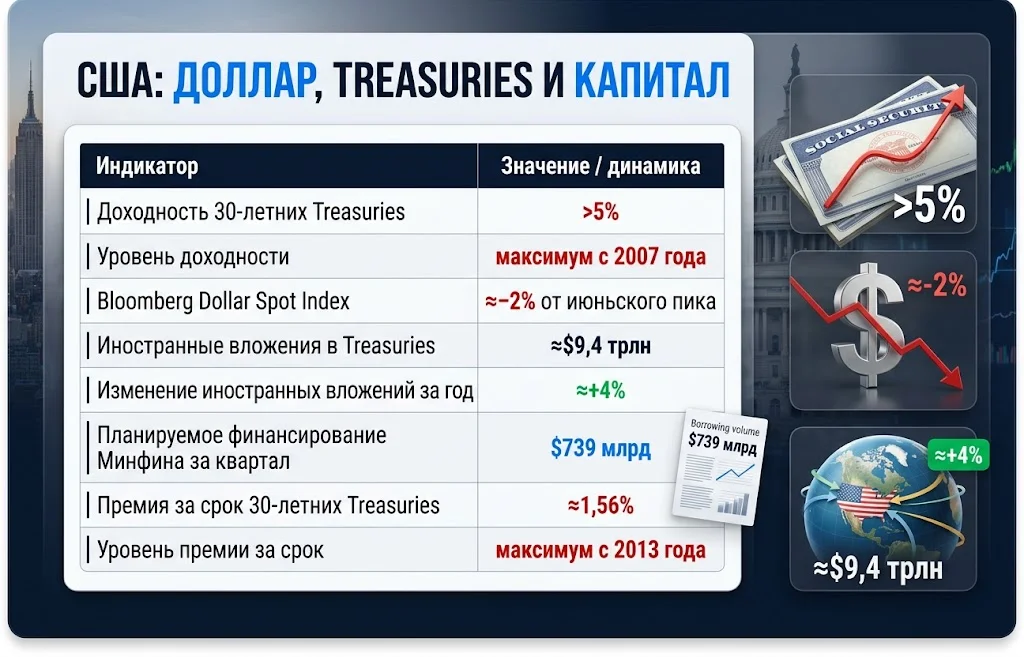 Доходность Treasuries выше 5%, доллар ниже июньского пика и иностранные вложения около $9,4 трлн