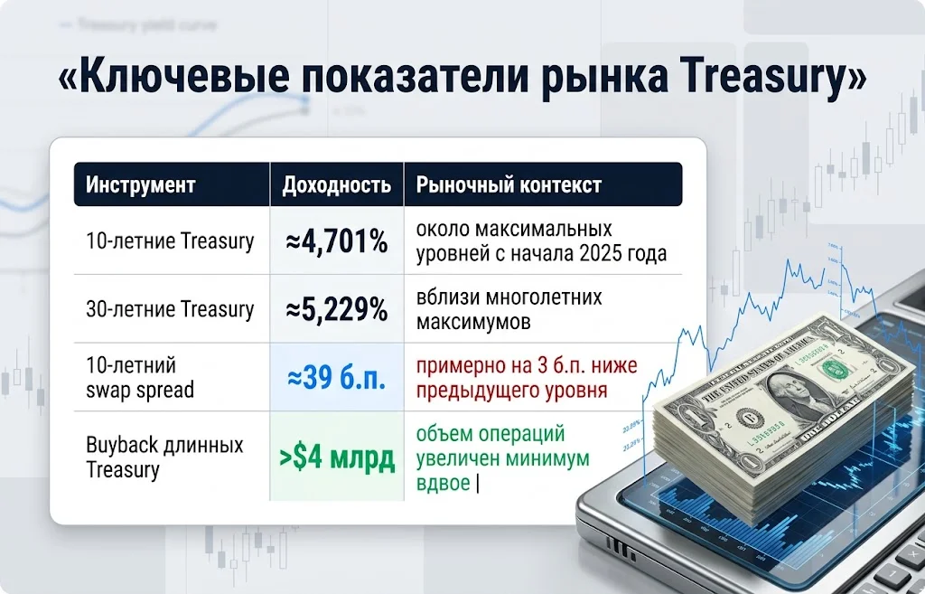 Доходность 10-летних и 30-летних Treasury, swap spread и объем обратного выкупа