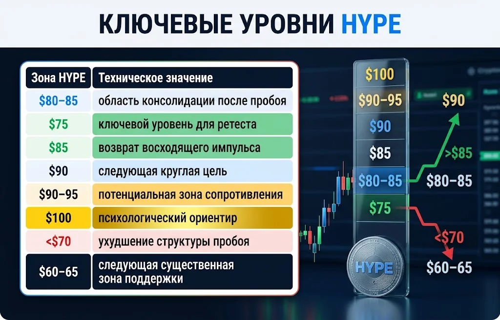 Технические уровни HYPE от поддержки $60–65 до психологической цели $100