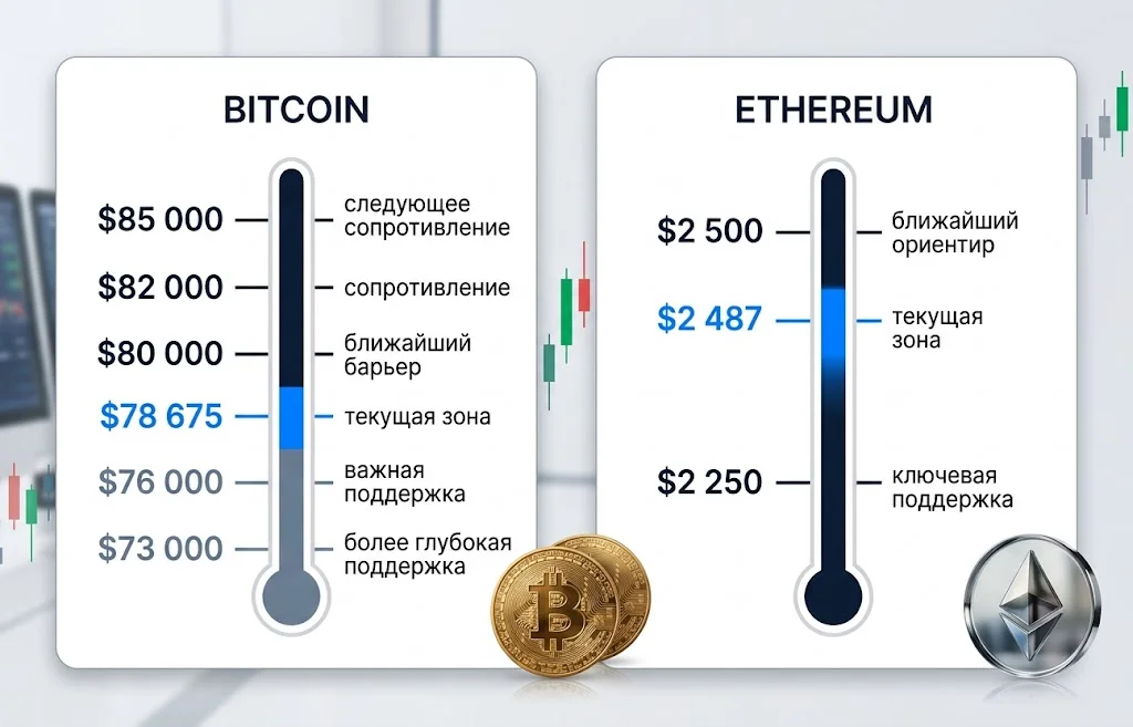 Ценовые уровни Bitcoin от $73 000 до $85 000 и Ethereum от $2 250 до $2 500