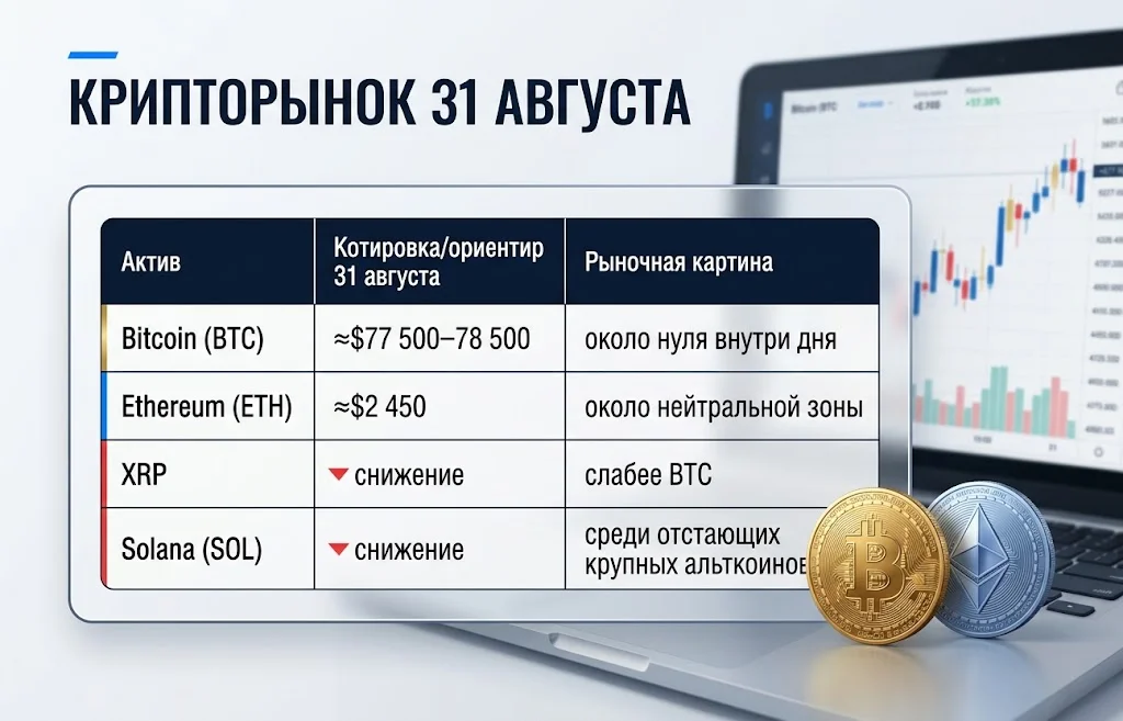 Таблица котировок Bitcoin, Ethereum, XRP и Solana на 31 августа 2026 года
