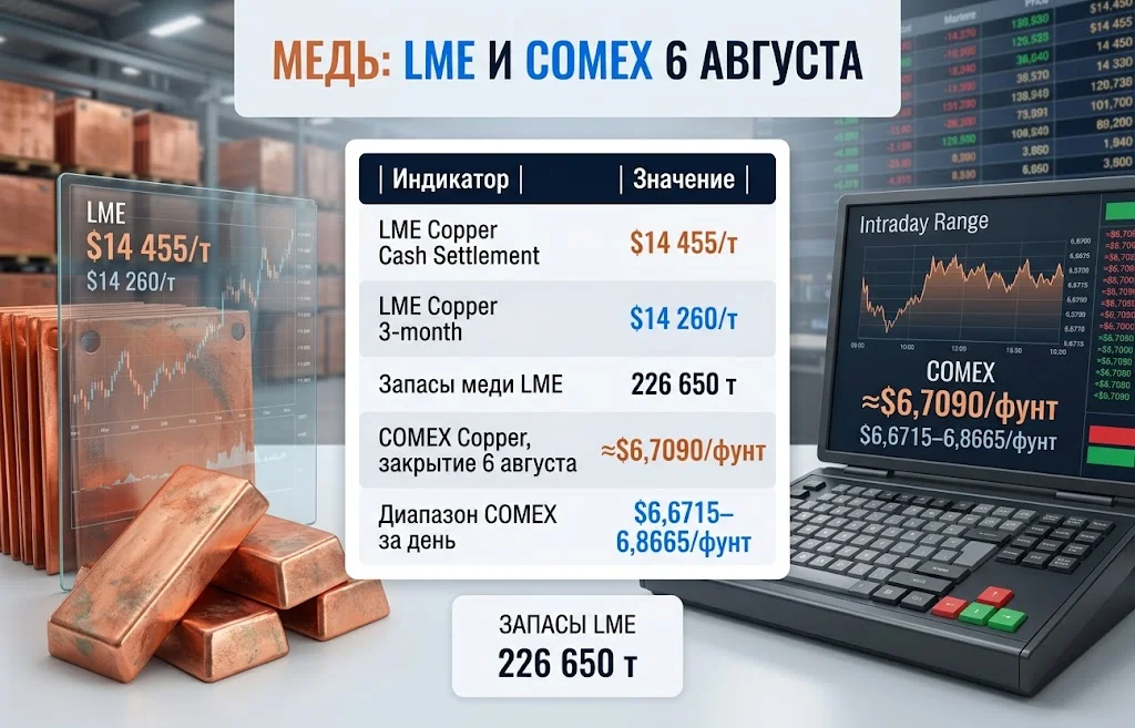 Медь на LME по $14 455 за тонну и COMEX около $6,7090 за фунт