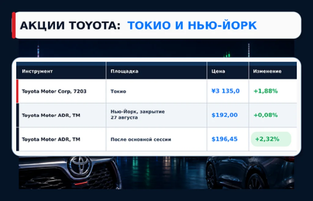 Toyota теряет Китай: продажи падают шестой месяц 3 Таблица цен акций 7203 и депозитарных расписок TM на двух торговых площадках
