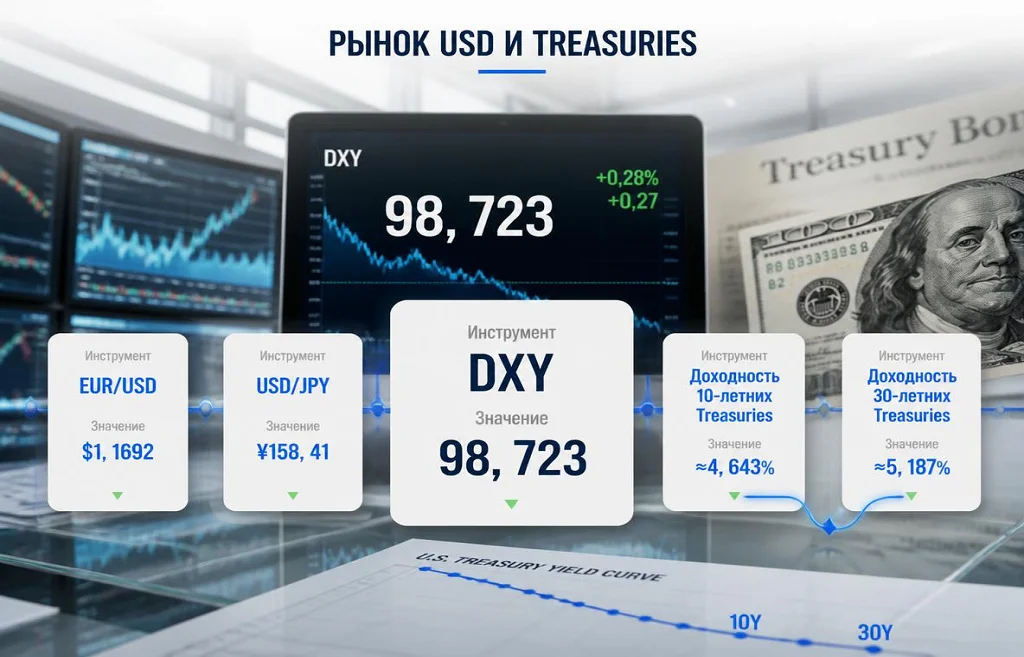 DXY 98,723, курсы EUR/USD и USD/JPY, доходности 10-летних и 30-летних Treasuries