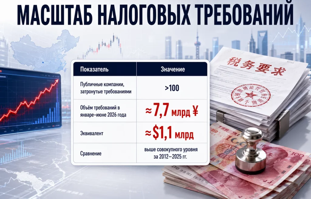 Таблица с числом компаний и суммой налоговых требований в Китае за январь–июнь 2026 года