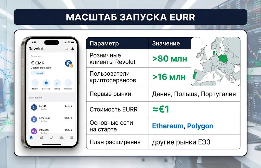 Стейблкоин EURR: Revolut меняет рынок Европы 1 Инфографика с аудиторией Revolut, первыми рынками EURR и поддерживаемыми блокчейн-сетями