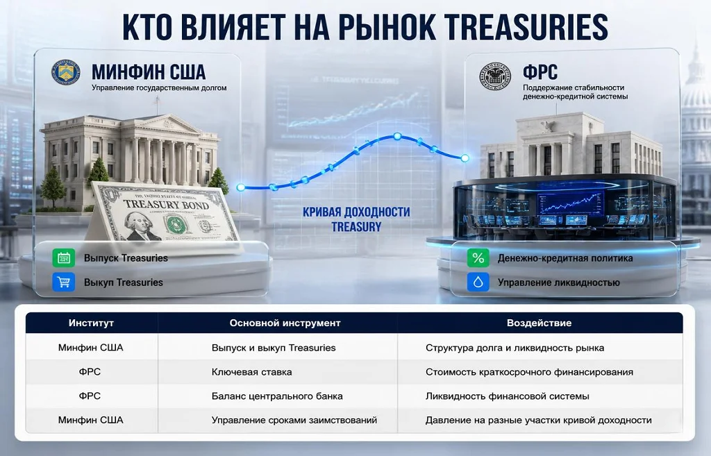 Схема инструментов Минфина США и ФРС, влияющих на долг, ликвидность и доходности Treasuries