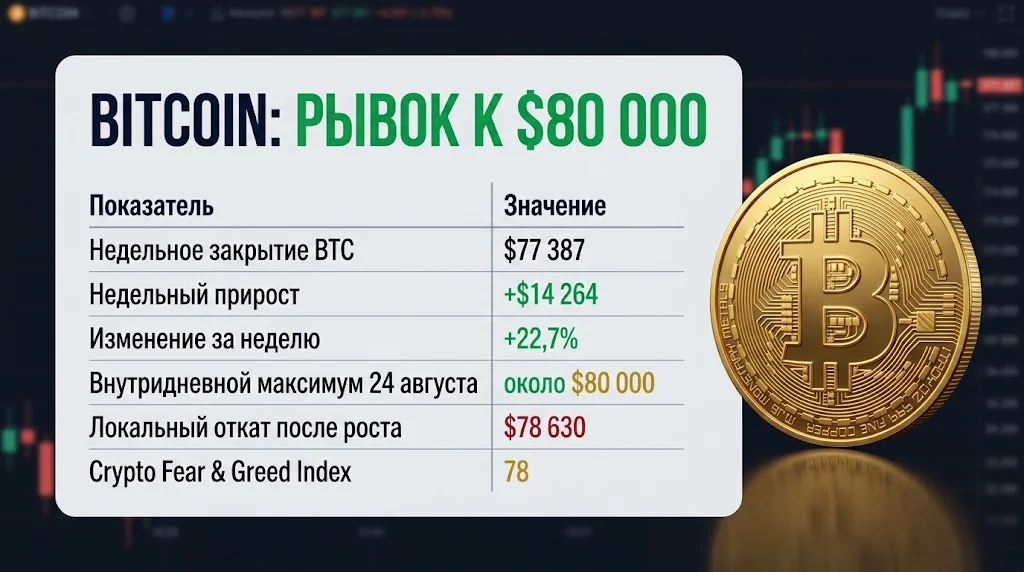 Таблица Bitcoin с закрытием $77 387, ростом 22,7% и максимумом около $80 000