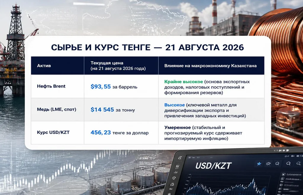 Таблица с ценами Brent, меди LME и курсом USD/KZT на 21 августа 2026 года