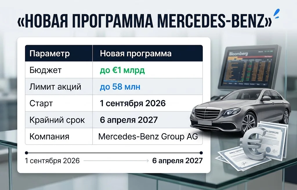 Таблица с бюджетом €1 млрд, лимитом 58 млн акций и сроками новой программы Mercedes-Benz