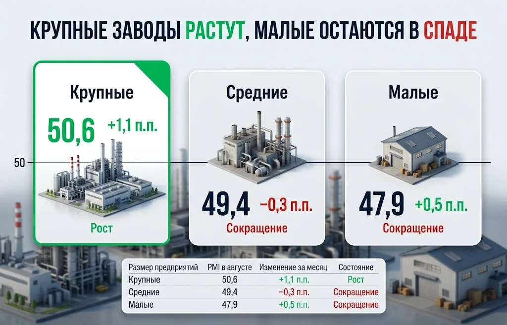 Крупные предприятия Китая с PMI 50,6 против средних 49,4 и малых 47,9