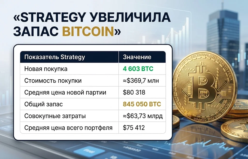 Инфографика покупки Strategy на 4 603 BTC и общего резерва 845 050 BTC