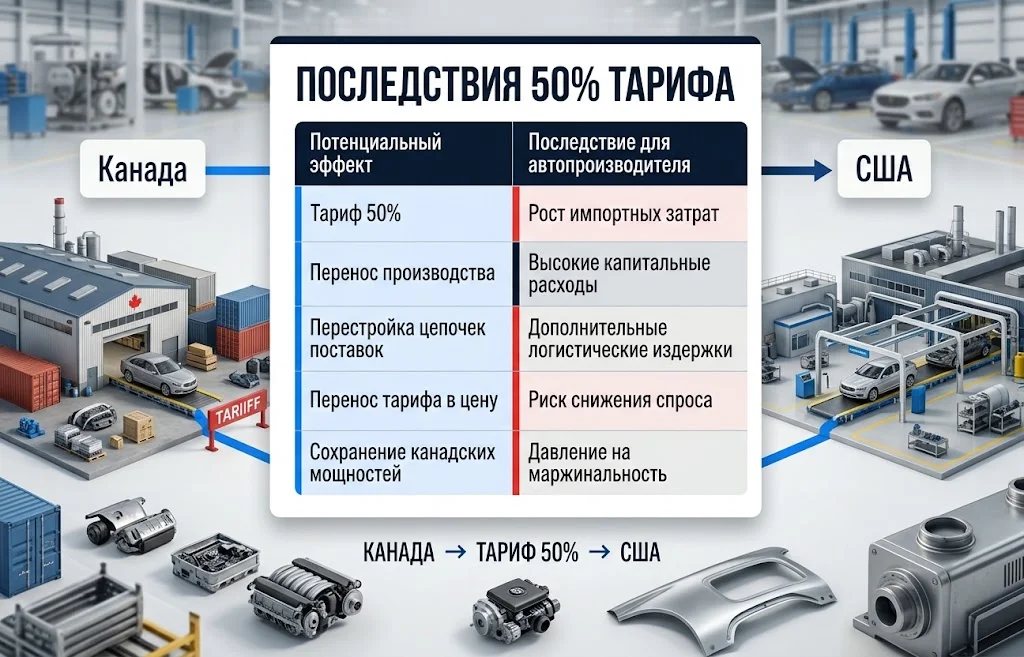 Инфографика о влиянии тарифов на затраты, логистику и маржинальность автопроизводителей