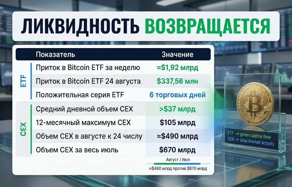 Bitcoin ETF получили $337,56 млн за день при CEX-объеме свыше $37 млрд