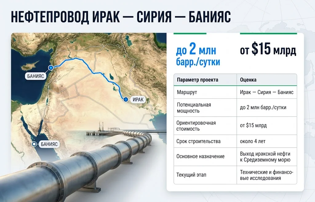 Карта потенциального нефтепровода из Ирака через Сирию к порту Банияс