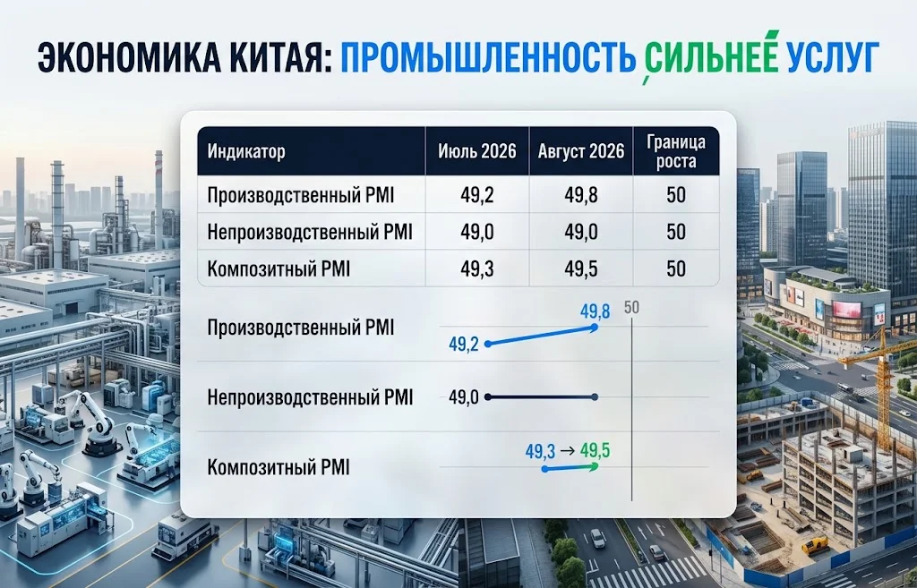 Сравнение производственного PMI 49,8, непроизводственного 49,0 и композитного PMI 49,5 в Китае