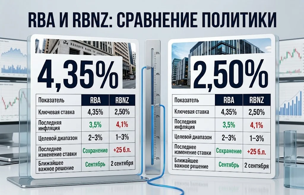 Сравнение ключевых ставок RBA 4,35% и RBNZ 2,50% и инфляции