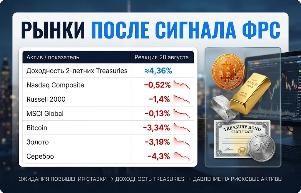 Nasdaq, Bitcoin, золото и серебро снизились на фоне доходности Treasuries около 4,36%