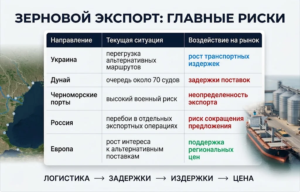 Инфографика о логистических рисках Украины, России, Дуная и европейского рынка зерна