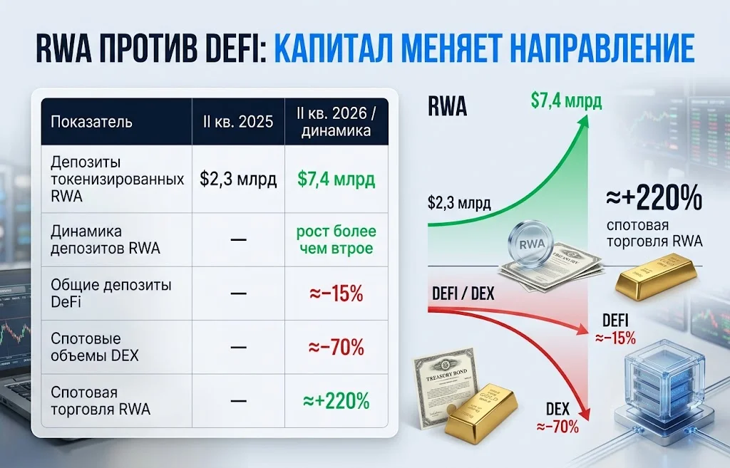 Токенизированные RWA взлетели до $7,4 млрд на спаде DeFi 1 Сравнение роста депозитов RWA до $7,4 млрд со снижением DeFi и спотовых объемов DEX