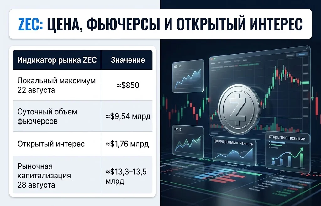Zcash против Bitcoin: сможет ли ZEC вырасти до $8 109 3 Таблица показывает максимум ZEC около $850, объем фьючерсов и открытый интерес в августе