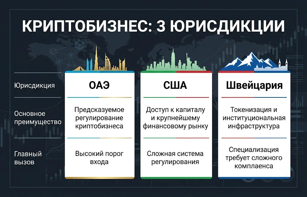 Лучшие страны для криптобизнеса в 2026 году 2 Сильные стороны оаэ, сша и швейцарии