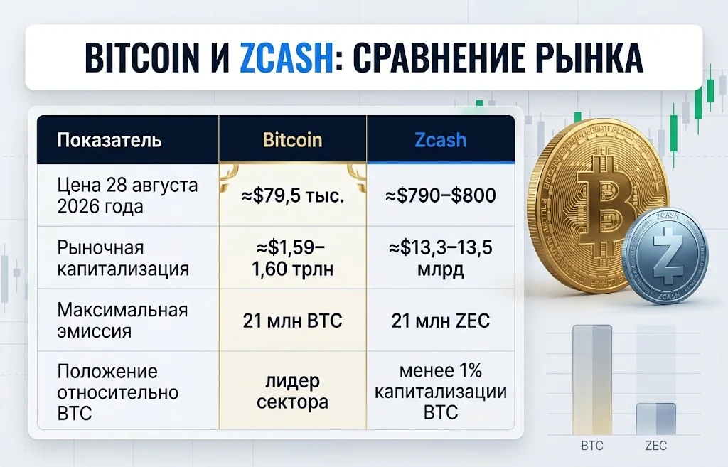 Zcash против Bitcoin: сможет ли ZEC вырасти до $8 109 1 Таблица сравнивает цену, капитализацию и эмиссию Bitcoin и Zcash на 28 августа 2026 года
