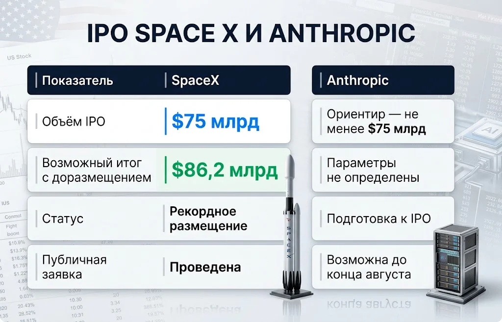 IPO Anthropic может превзойти рекорд SpaceX 1 Таблица сравнивает рекордное IPO SpaceX с потенциальным размещением Anthropic