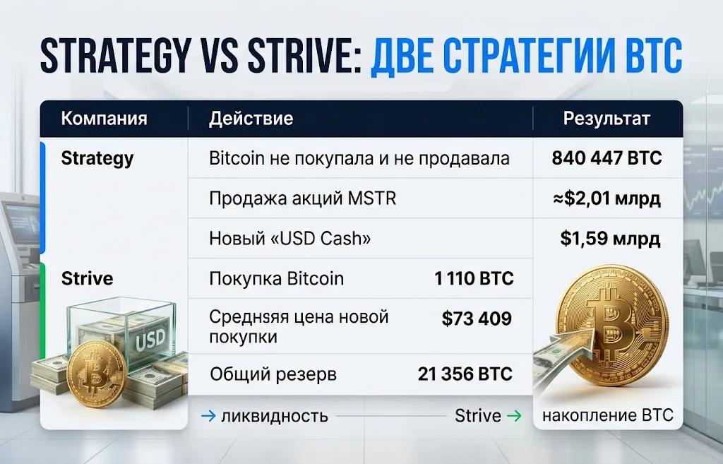 Сравнение резервов Strategy 840 447 BTC и Strive 21 356 BTC