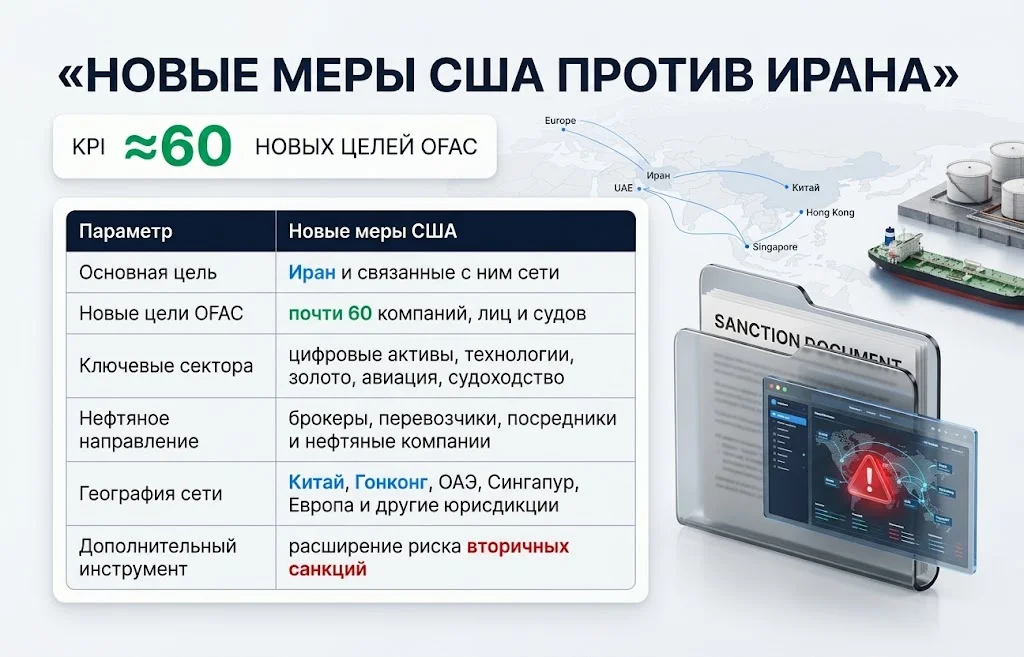 Инфографика с целями OFAC, секторами и географией новых санкций против Ирана