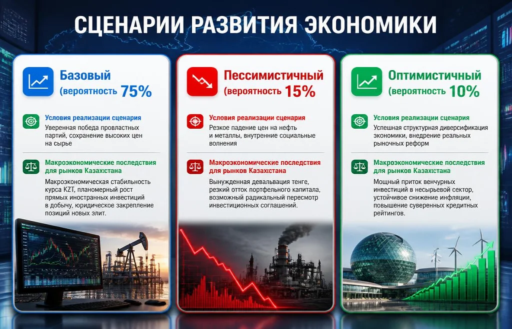 Три сценария развития экономики Казахстана с вероятностями 75%, 15% и 10%