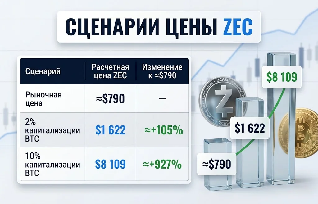 Zcash против Bitcoin: сможет ли ZEC вырасти до $8 109 2 Инфографика показывает ZEC около $790 и сценарии $1 622 и $8 109