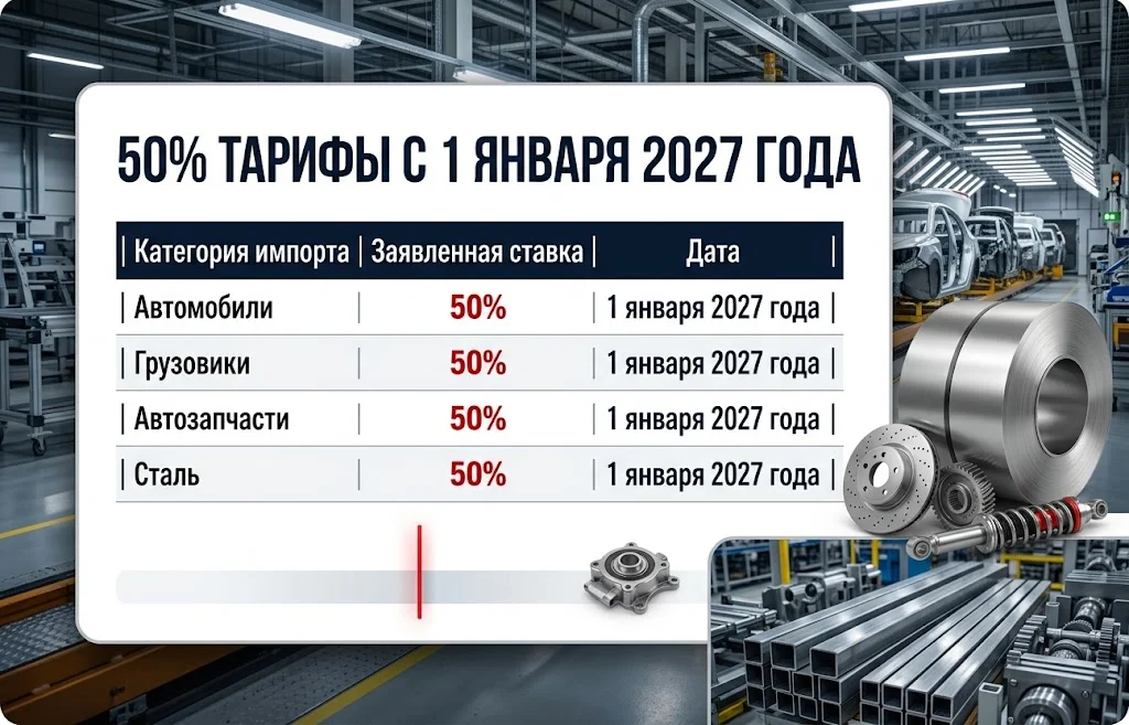 Таблица заявленных США тарифов 50% на автомобили, грузовики, запчасти и сталь