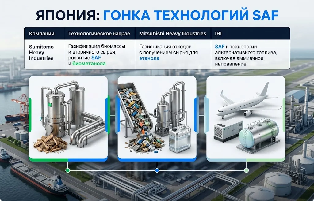 SAF в Японии: Sumitomo запускает новый топливный проект 3 Сравнение направлений Sumitomo, Mitsubishi Heavy Industries и IHI в сфере SAF и альтернативного топлива